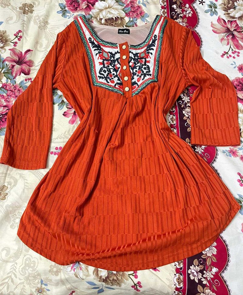 Orange Embroidered Kurti
