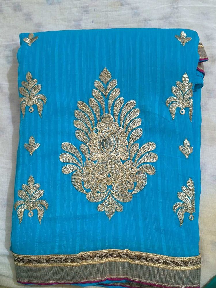 Blue Sari with Gold Embroidery