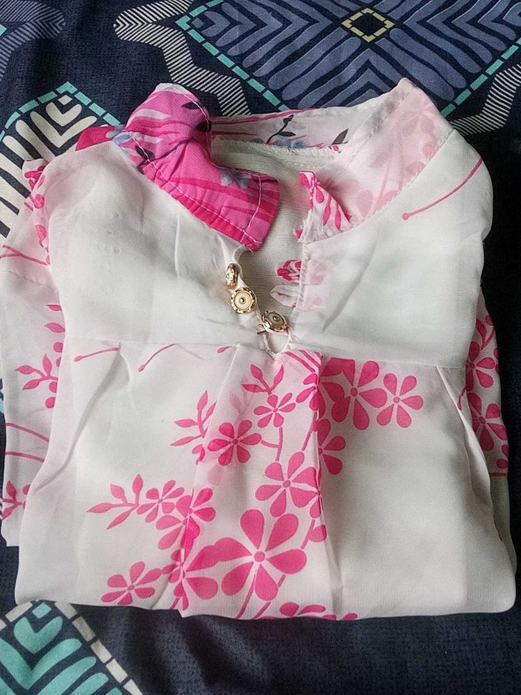 White &amp; Pink Flower Printed Beautiful Top For Girl