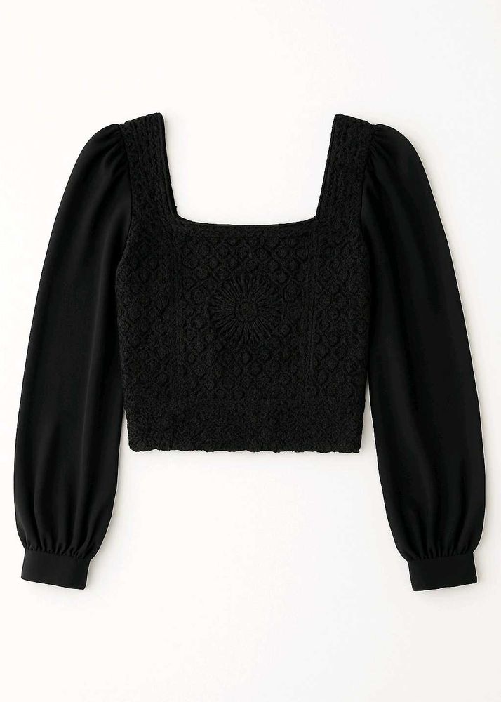 Black Crochet Lace Bodice Top with Chiffon Sleeves