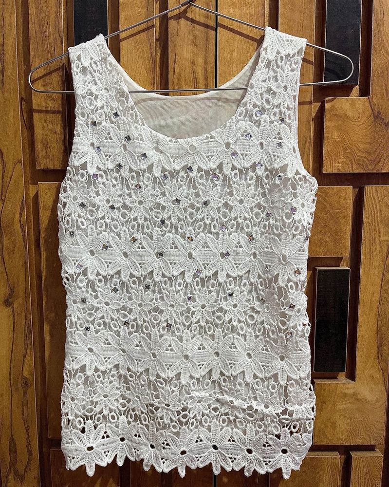 White Lace Embroidered Tank Top