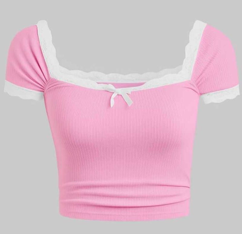 Pink Lace Trim Crop Top