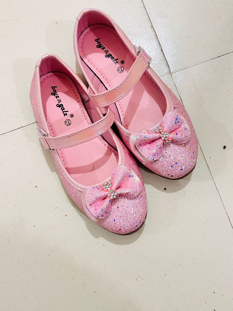Girls Pink Glitter Bow Flats