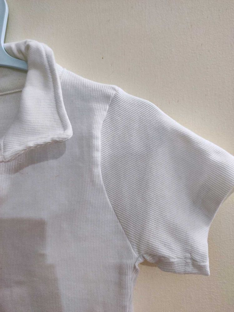 White Ribbed Polo Top