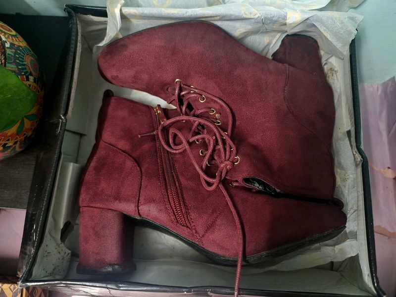 Burgundy Lace-Up Heeled Booties