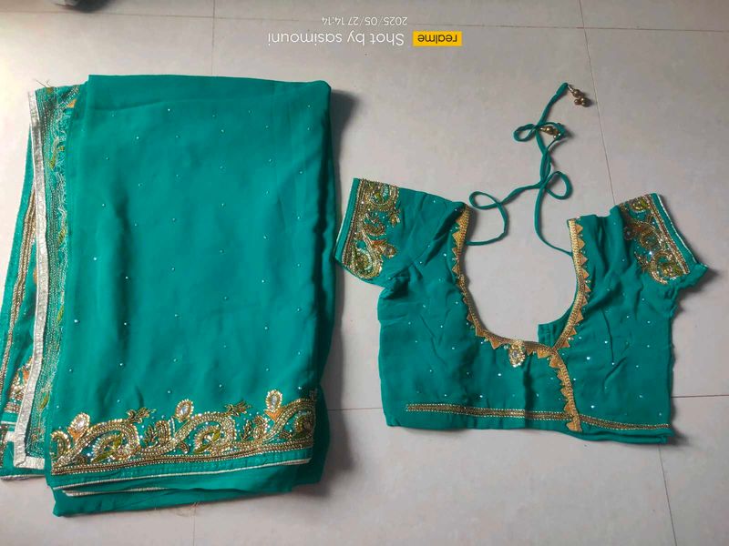 Sea Green Heavy Stone Work Saree , Stiched Blouse