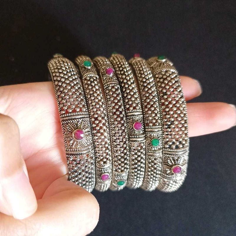 Silver Oxidised Bangle Set (6 Bangles)