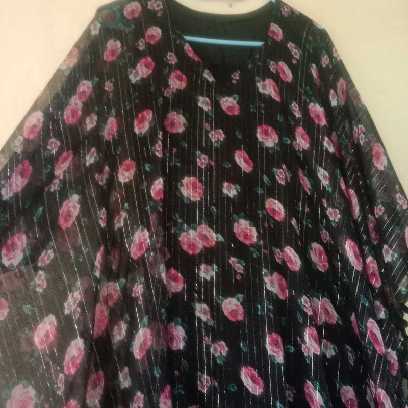 Floral Print Kaftan With Tulip Pants Plain Black
