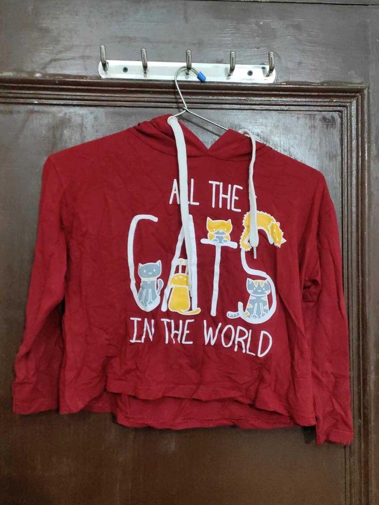 Cute Cat Print Hoodie Crop Top