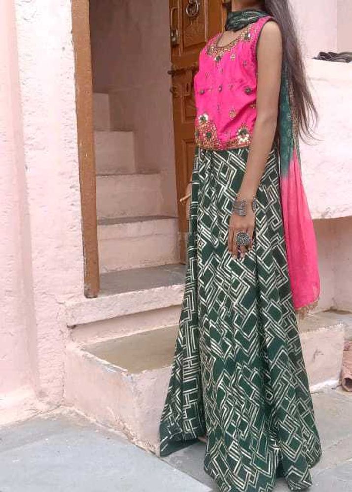 Embroidered Pink Top &amp; Geometric Print Skirt Set
