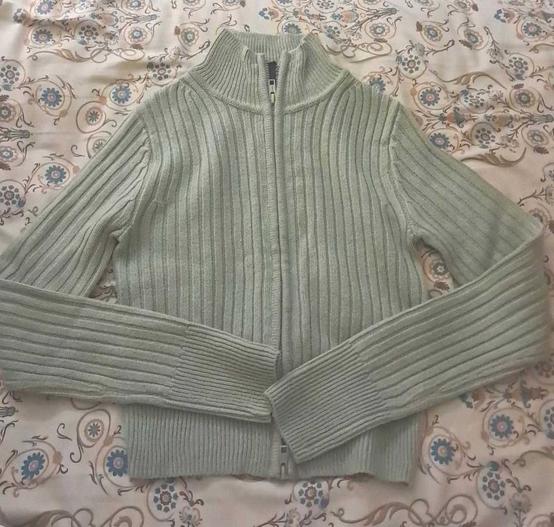 [Sage Green] H&amp;M Ribbed Knit Zip-Up Jacket