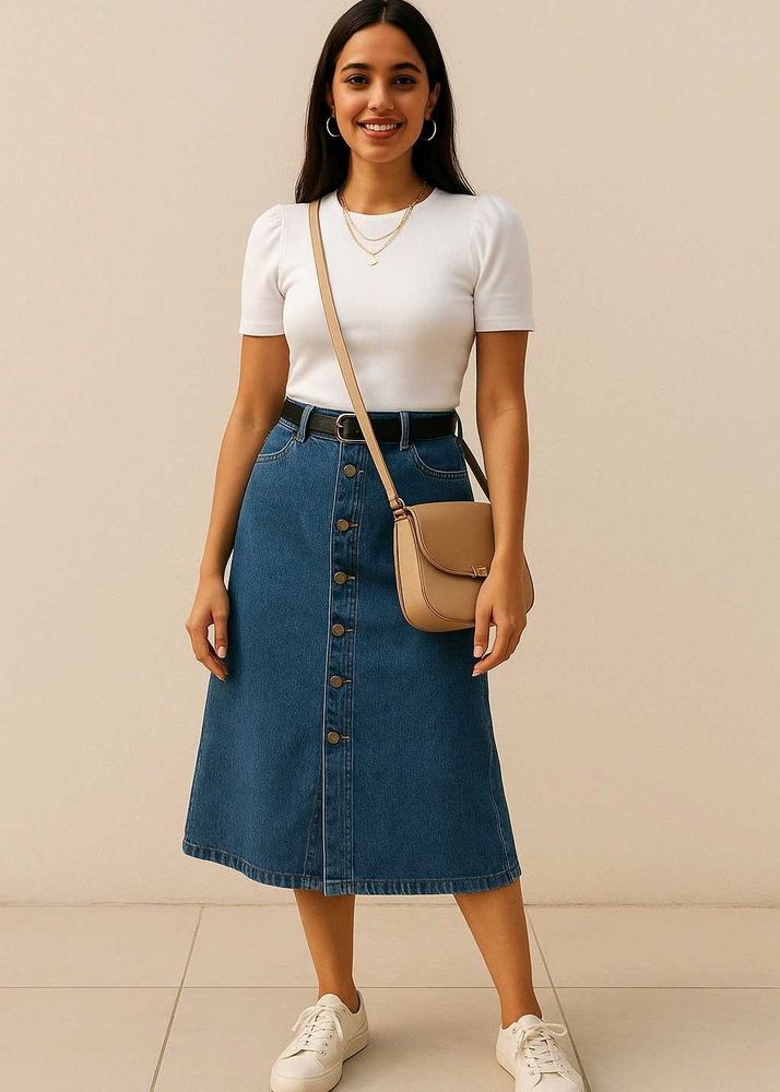 Vintage-Style Denim Midi Skirt
