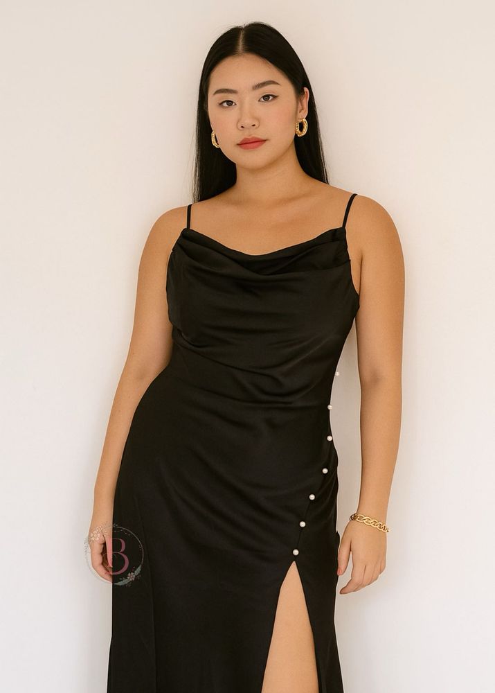 Black Satin Cowl Neck Dress