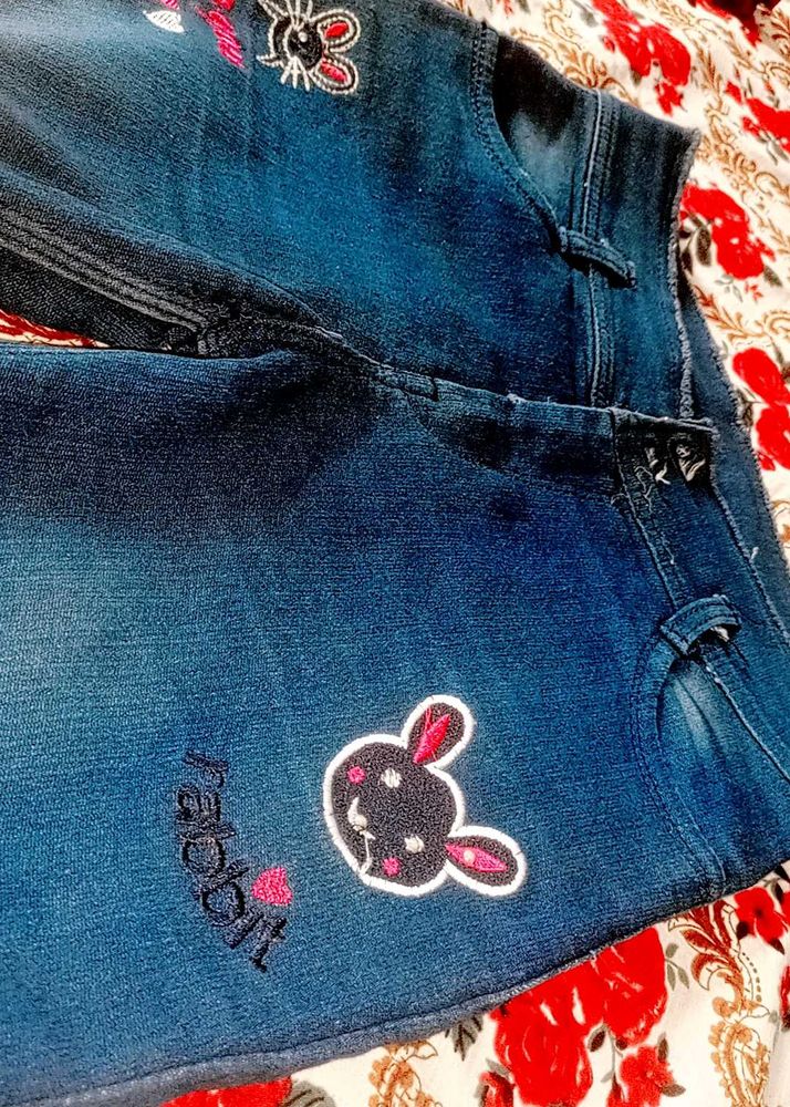 Rabbit Embroidered Denim Jeans