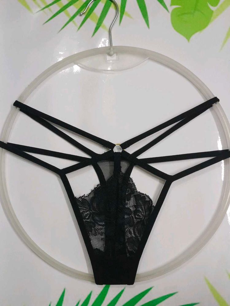 (400)Sexy Black Lace Strappy Thong