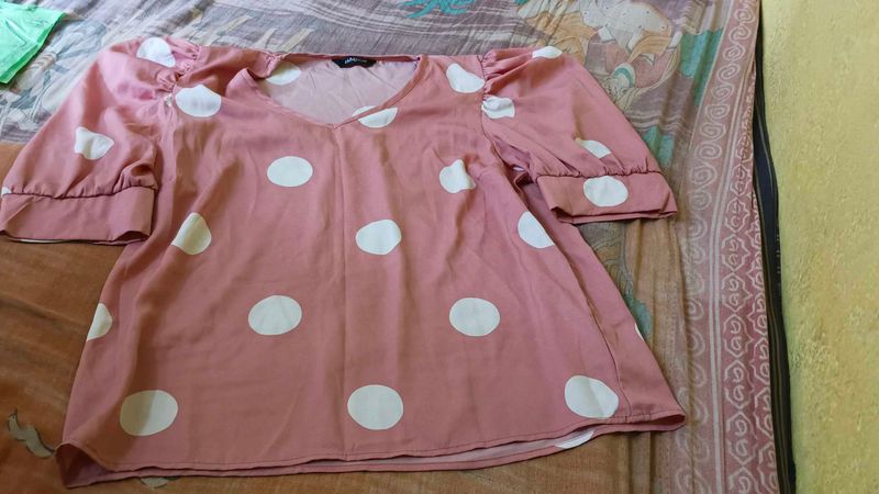 Pink Polka Dot Puff Sleeve Top