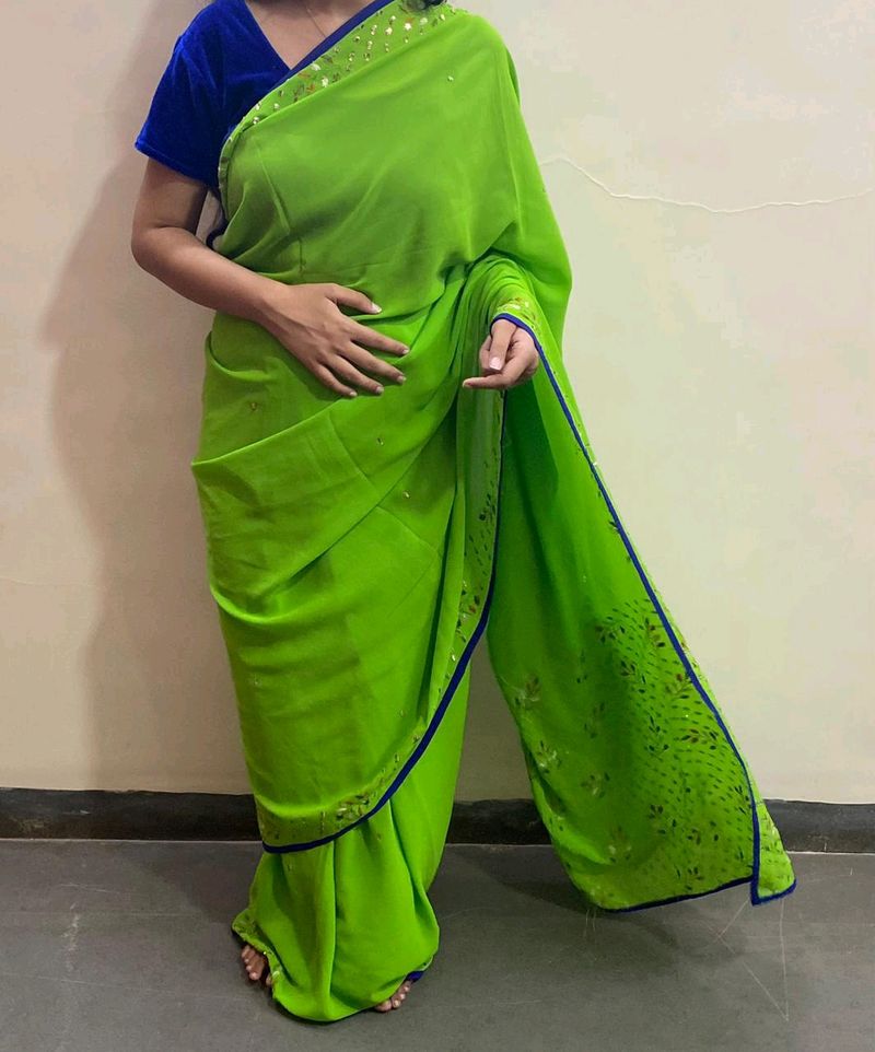 GREEN SAREE WITH BLUE BLOUSE