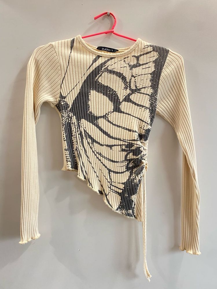 Abstract Print Ribbed Asymmetric Top