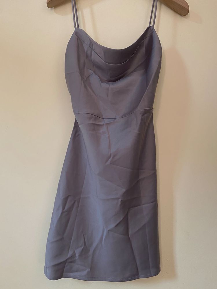 Grey Premium Satin Cowl Neck Dress