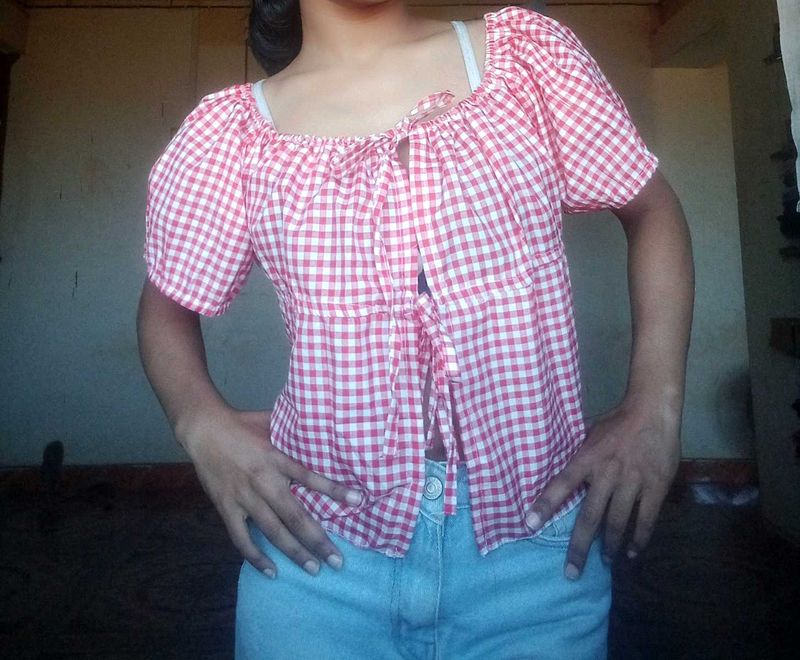 Limited Offer!!Red &amp; White Gingham Off-Shoulder To