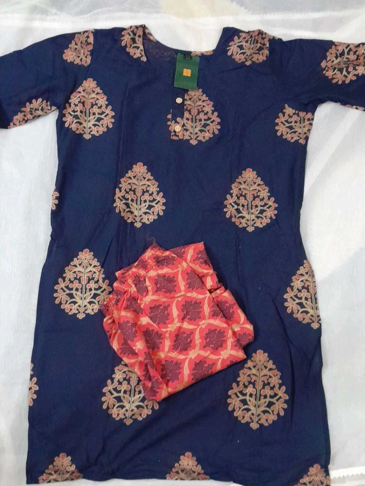 Navy Blue Printed Kurti with Pants