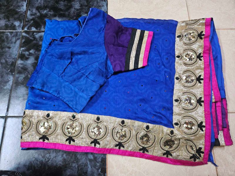 Blue Ombre Crepe Saree With Stitched Blouse