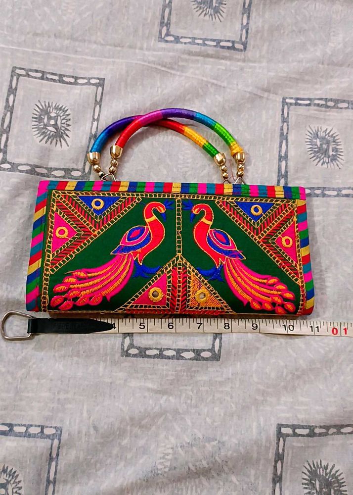 Colorful Embroidered Peacock Handbag