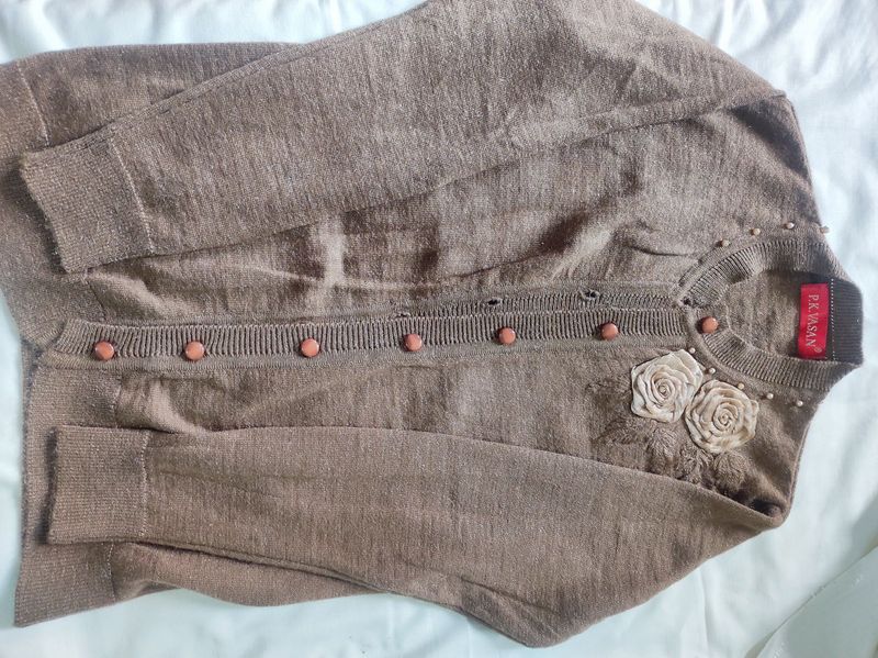 Brown Knit Cardigan with Floral Detail