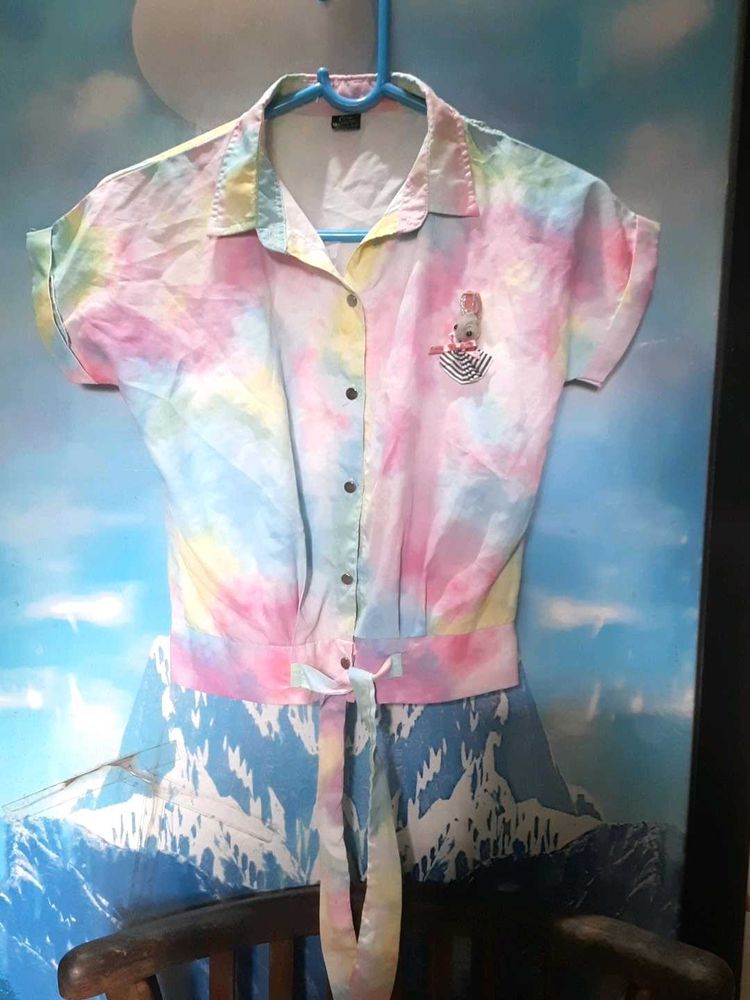 Tie-Dye Button-Down Top with Bunny Patch