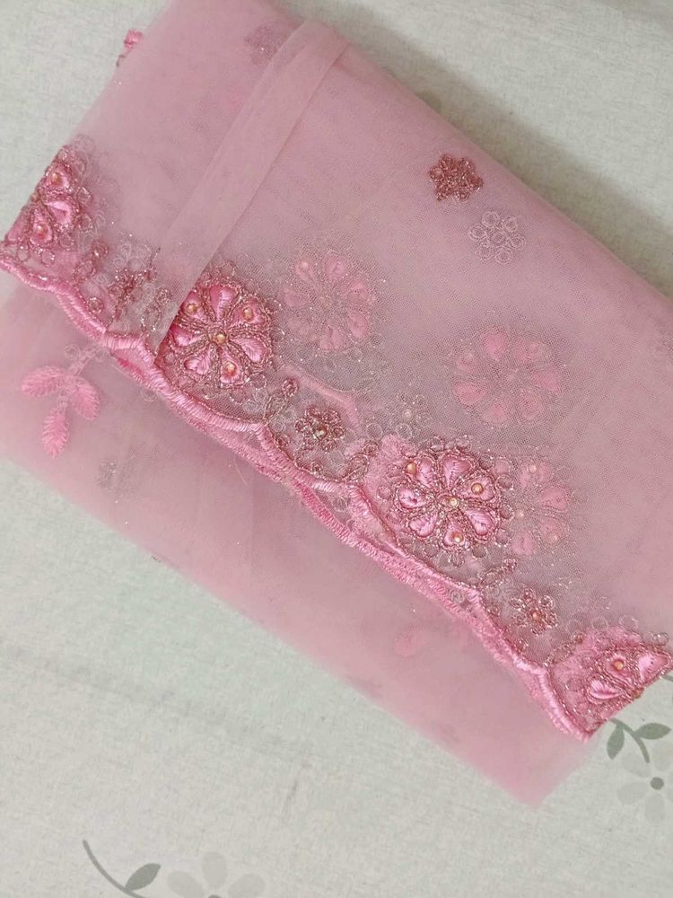 Pink Embroidered Net Dupatta