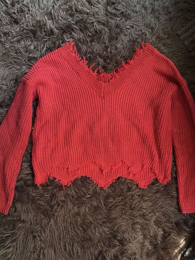 Red Distressed Knit Sweater
