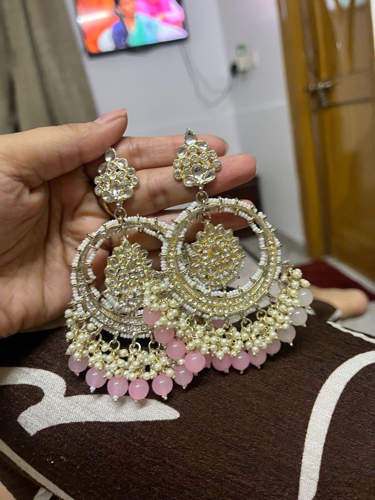 Pink Beaded Chandbali Earrings