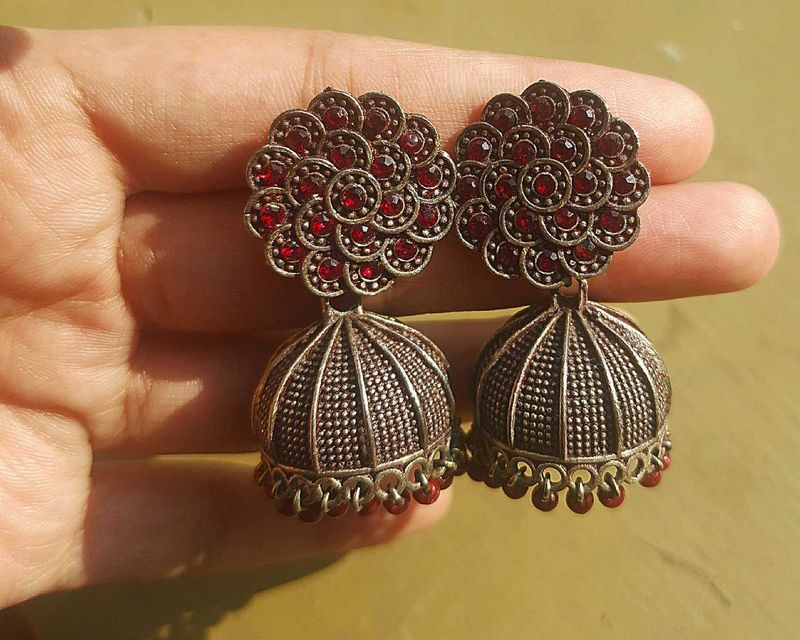 Oxidised Earring Jewellery With Red Stones