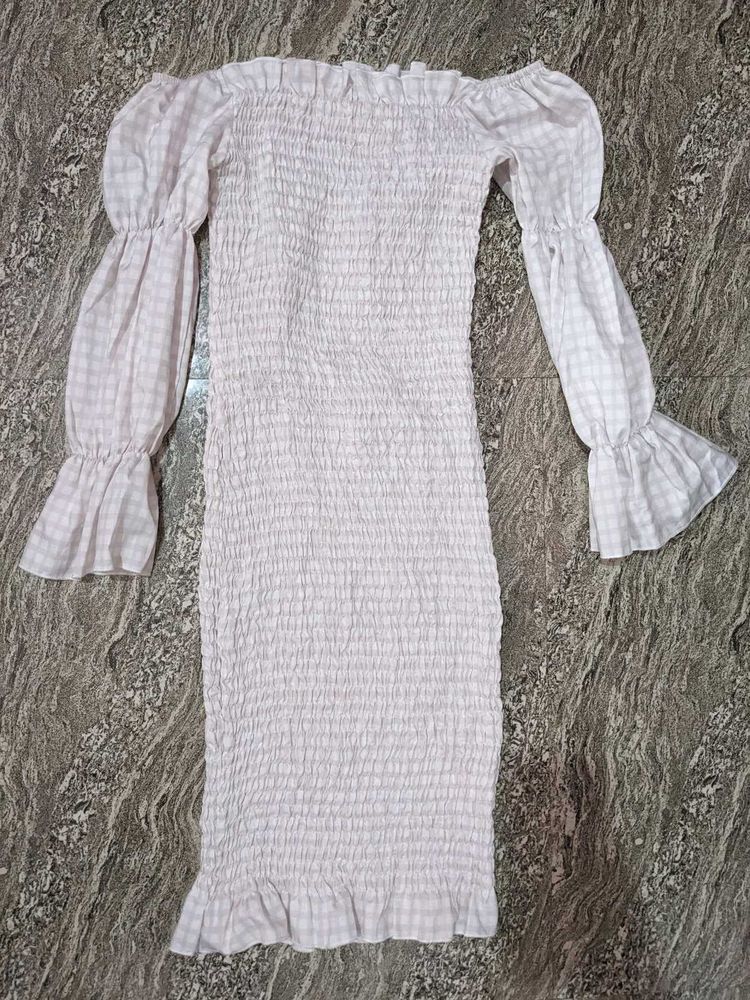 Gingham Print Off Shoulder Dress