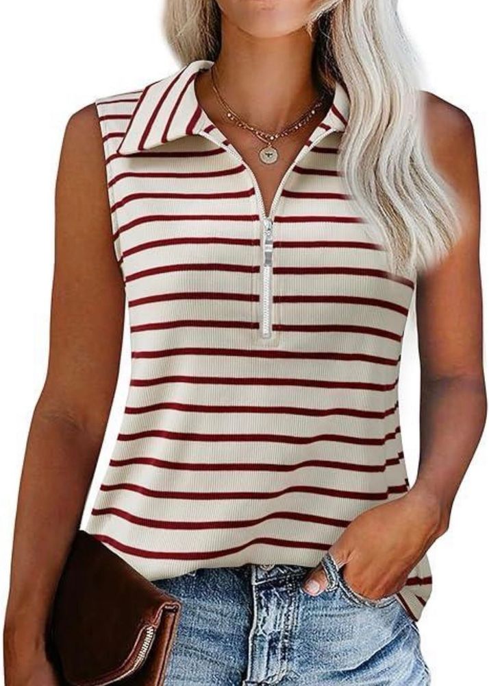 Striped Sleeveless Polo Top