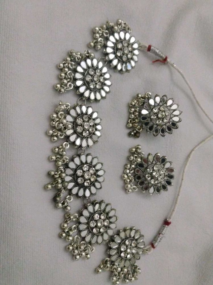 Oxidised Silver Mirror Choker Set