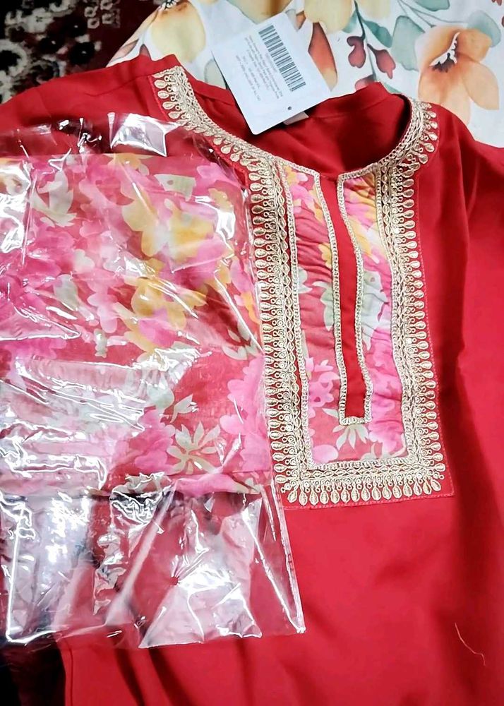 Red Embroidered Kurta Set