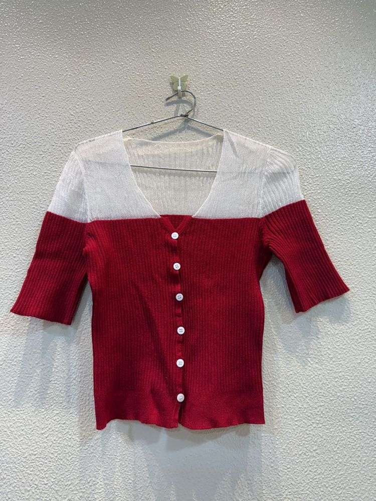 Red &amp; White Color Block Cardigan