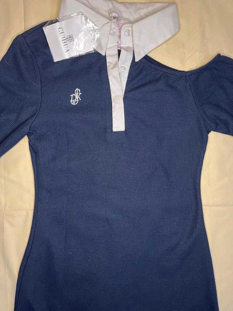 Elegant Navy Blue Cold-Shoulder Polo Shirt