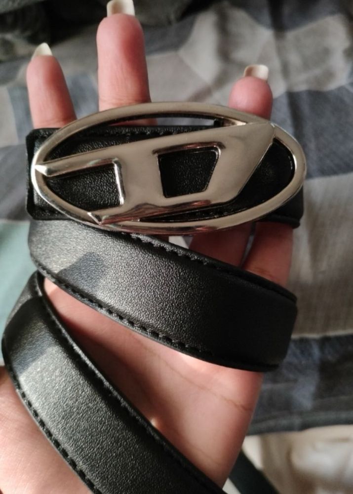 Diesel Black Leather Belt with Silver Logo Buckle