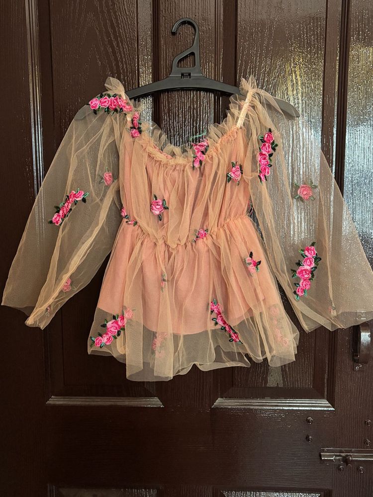 Floral Peach Net Off-Shoulder Top