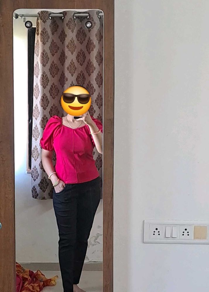 Pink Puff Sleeve Top and Black Jeans