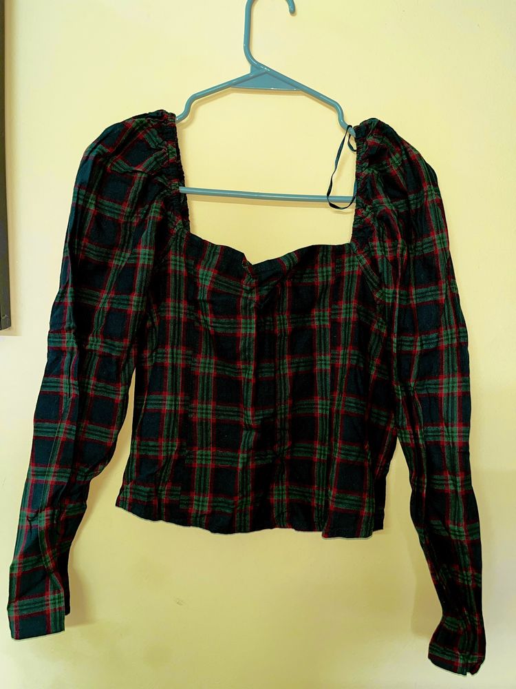 Navy Blue And Green Checkered Cotton Cop Top