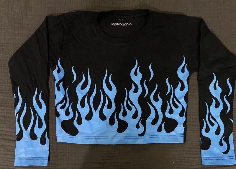 Black Crop Top with Y2K Blue Flame Print