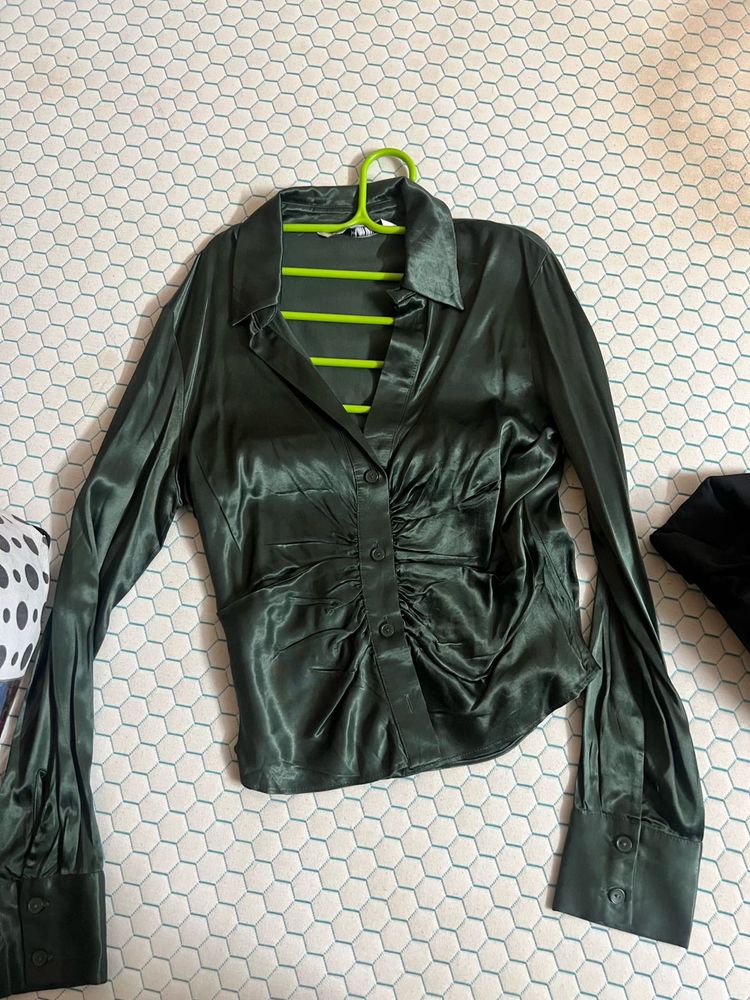 Green Satin Ruched Blouse