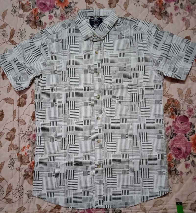 White and Black Geometric Print Shirt