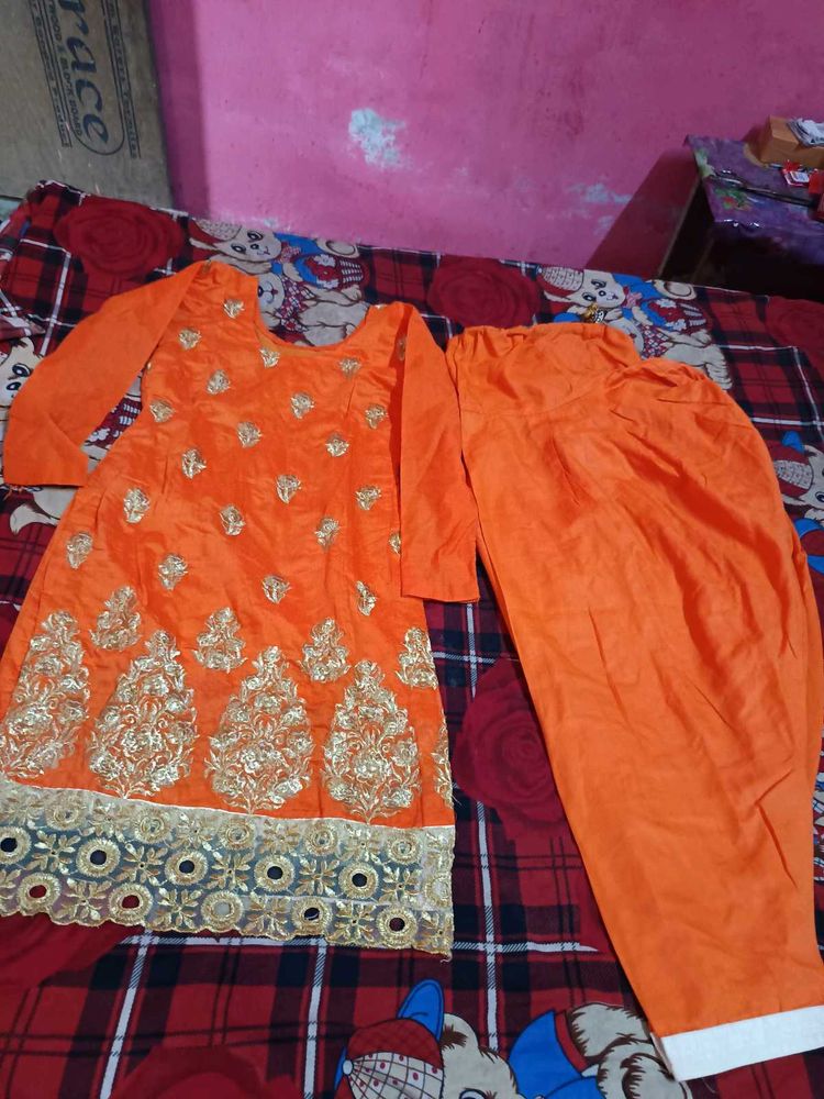 Elegant Party Wear Orange CottonEmbroidered Kurta