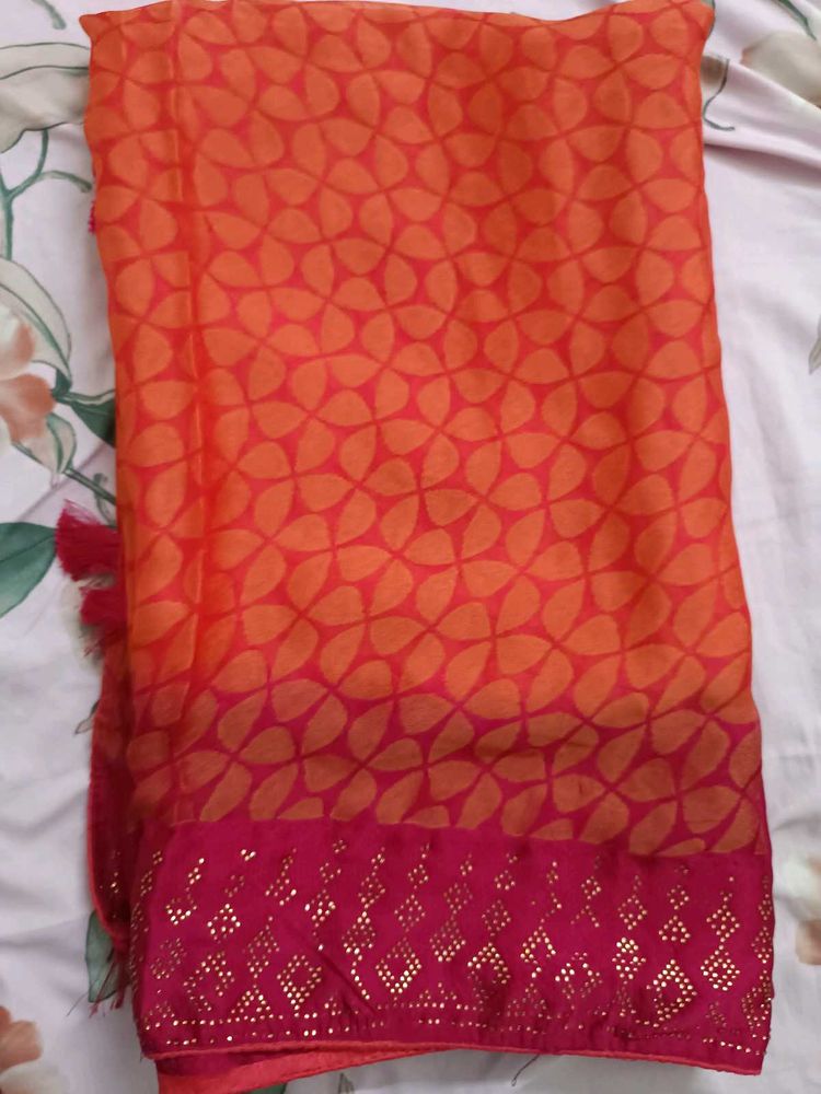 Orange-Pink Floral Saree