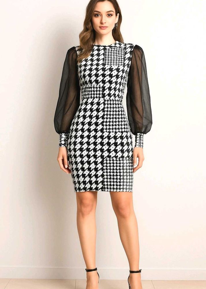 Houndstooth Dress with Sheer Sleeves