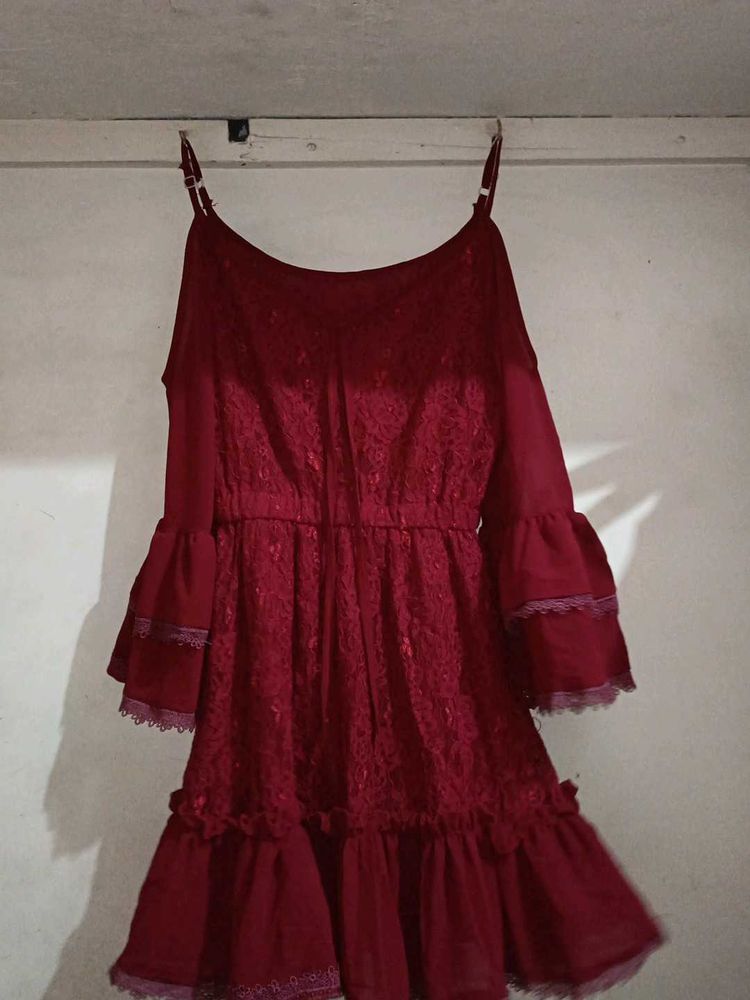 Burgundy Lace Ruffle Dress
